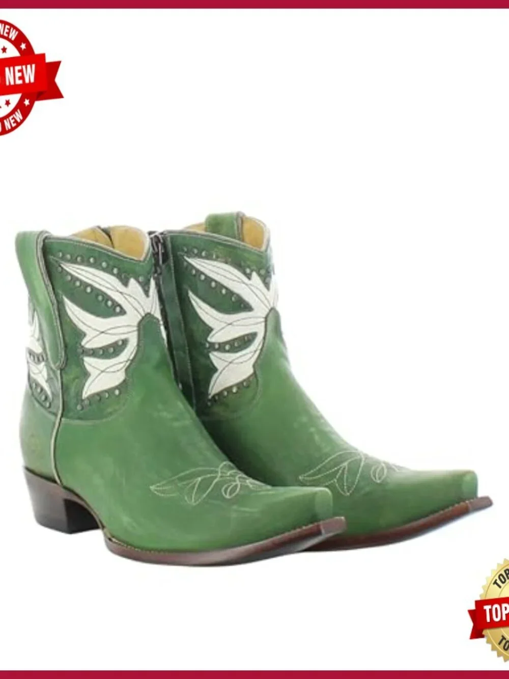 Handcrafted Western Ankle Boots with Floral Inlays, Snip Toe, Side Zipper